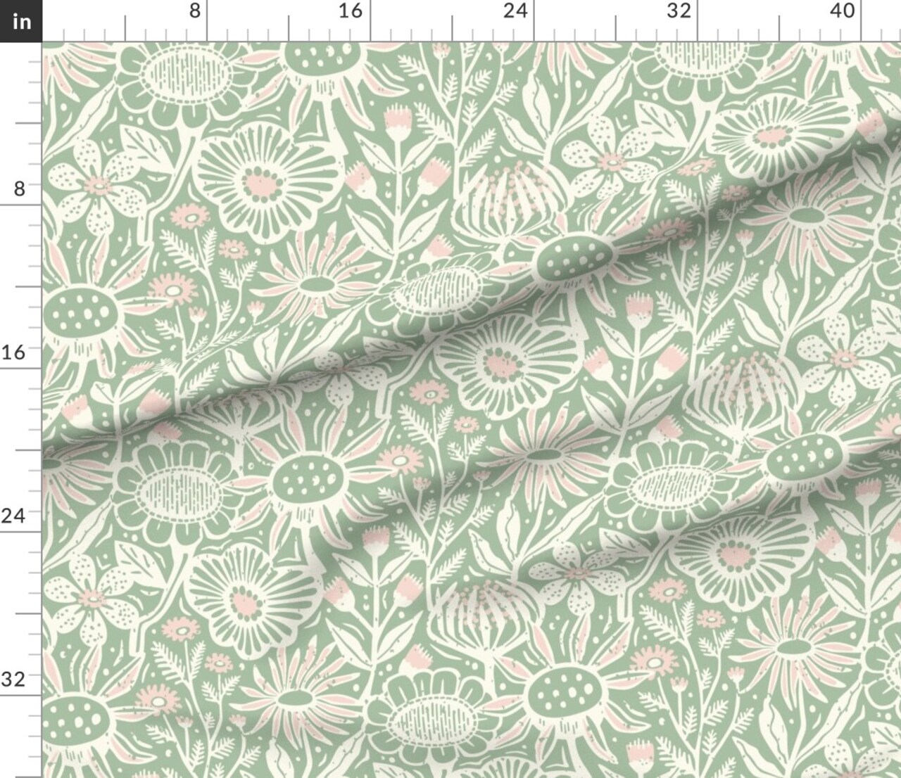 Green Floral Pink Botanical Summer Scandinavian Block Print Farmhouse Cottagecore Wildflowers Custom Printed Fabric by Spoonflower Various Fabrics by the Yard or Fat Quarter
